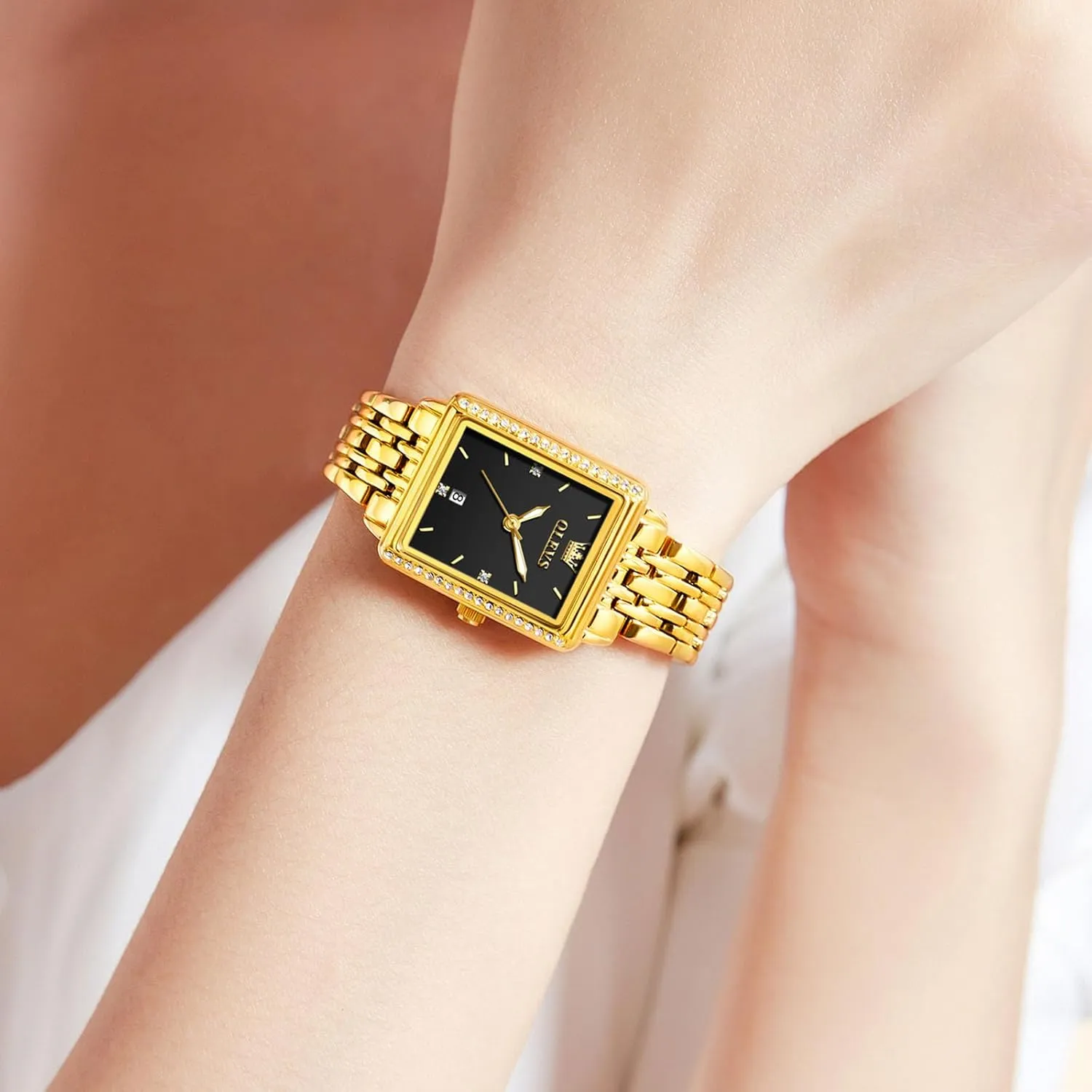 Ladies Small Face Watches, Dainty Waterproof Women's Wrist Watches with Date, Gold/Black/White/Blue/Green Dial belt OLEVS Square Watches for Women, Gold Stainless Steel Bracelet 