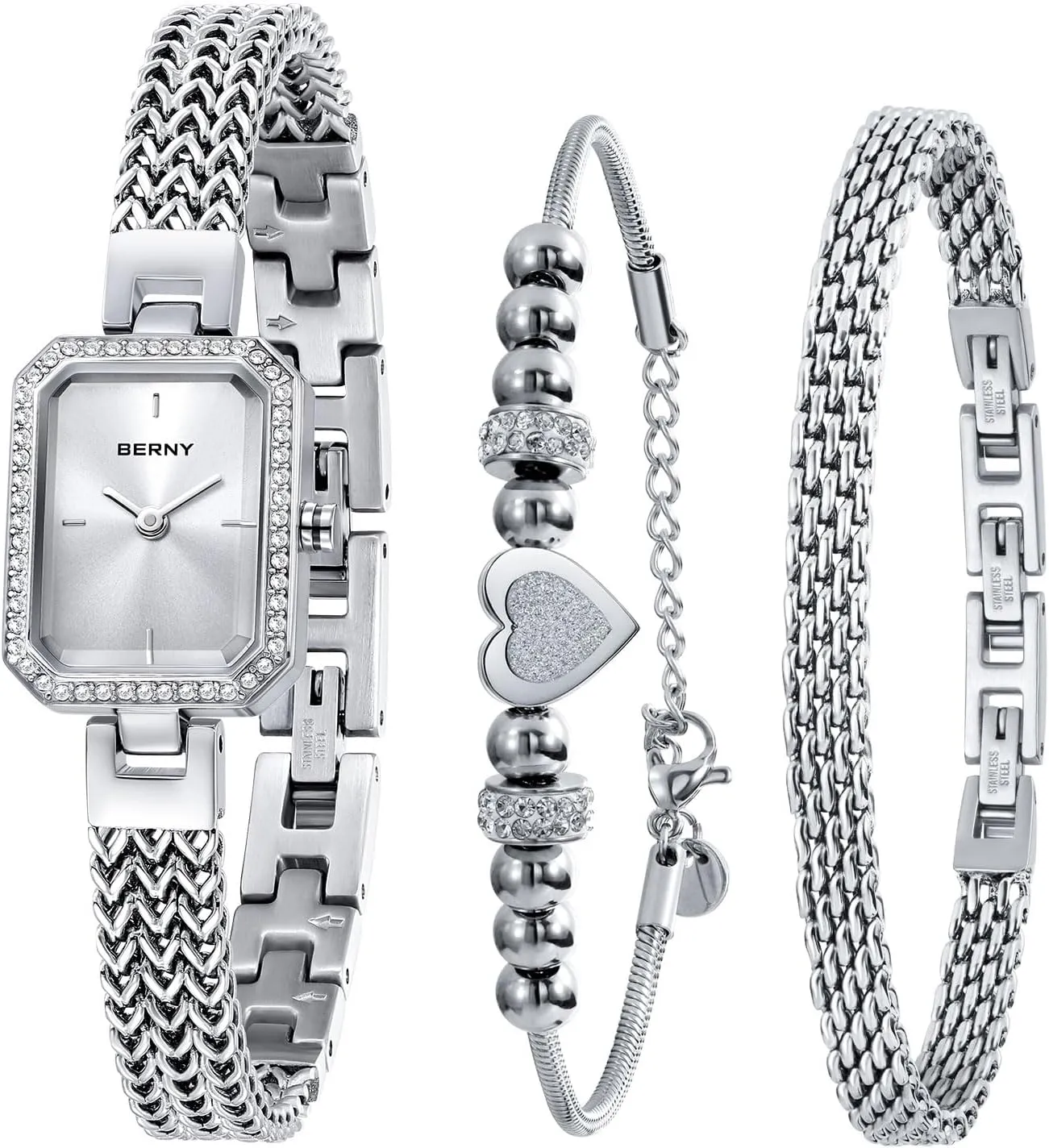 Ladies Wrist Watch and Bracelet Set Dainty Quartz Bracelet Watch Premium Crystal Accented Fashion Luxury Birthday himself base imprisonment untouched Present for Women BERNY Silver Watches for Women 