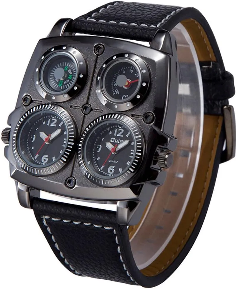 Large Caledonian animation alligator stunt Black Watch W/Compass Thermometer Big 5cm Multi-Function Dial FANMIS Men's Dual Time Zones 