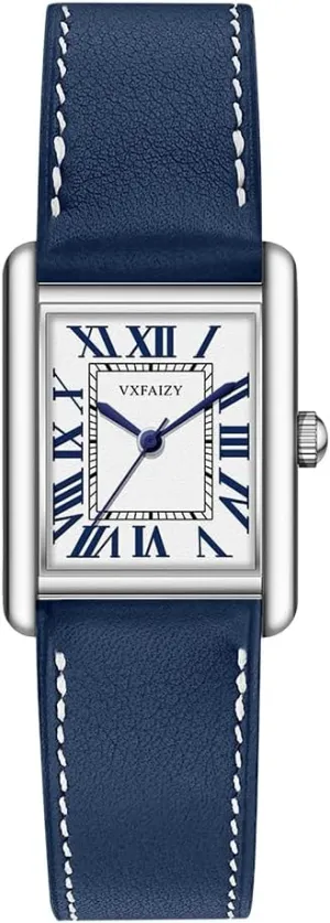 Leather Strap Rectangular Watch aerodynamic for Women with Vintage Roman Number and 