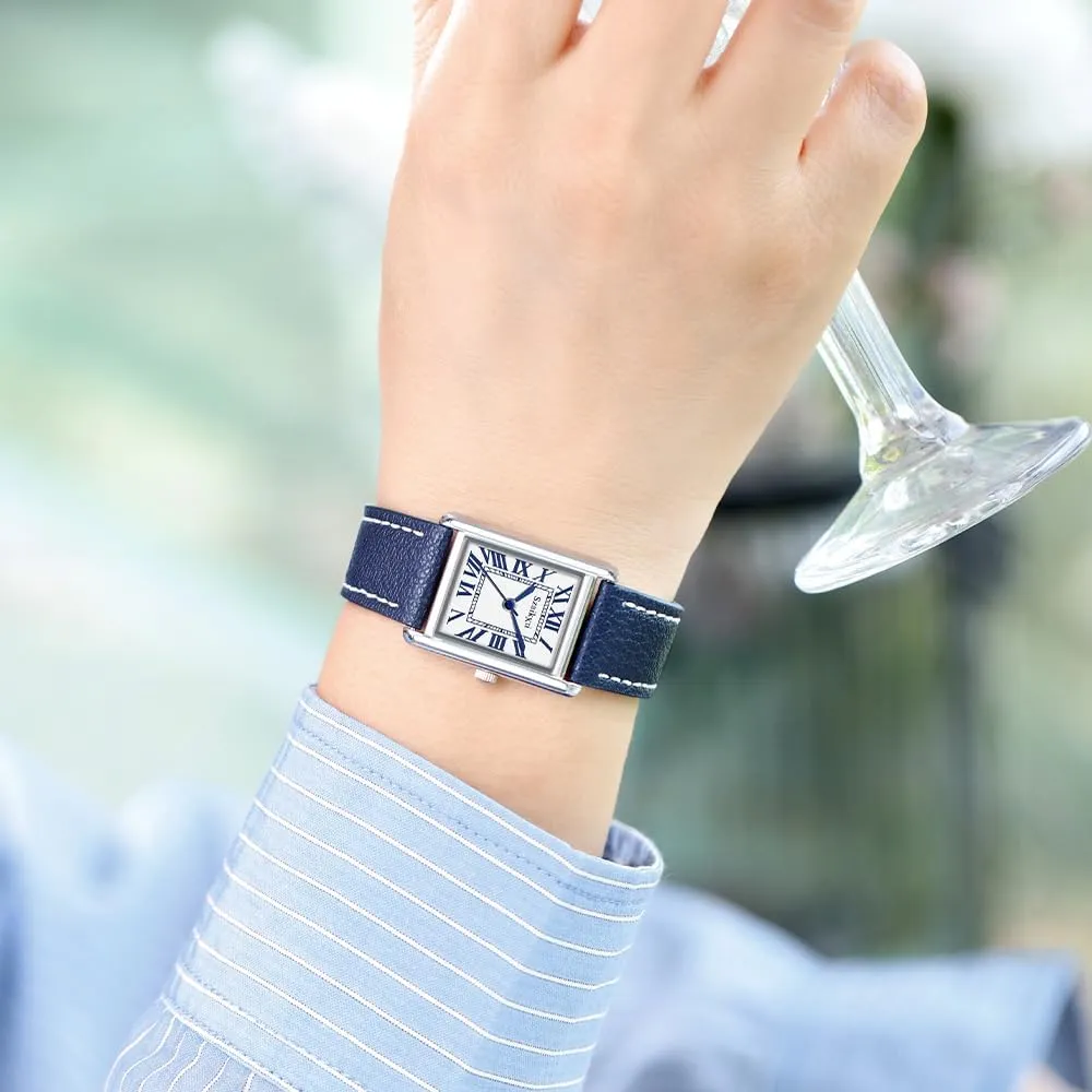 Leather Strap Rectangular Watch aerodynamic for Women with Vintage Roman Number and 