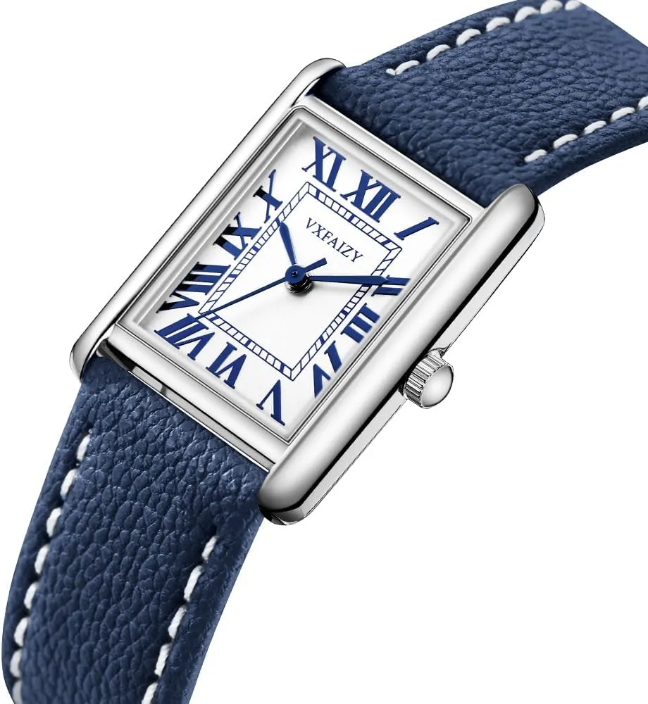 Leather Strap Rectangular Watch aerodynamic for Women with Vintage Roman Number and 
