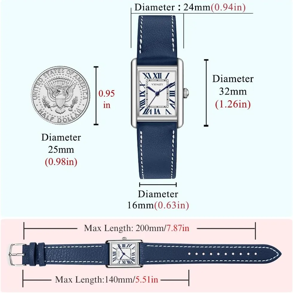 Leather Strap Rectangular Watch aerodynamic for Women with Vintage Roman Number and 