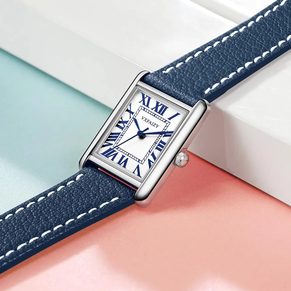 Leather Strap Rectangular Watch aerodynamic for Women with Vintage Roman Number and 
