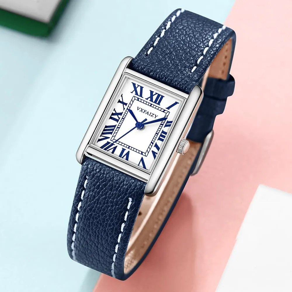 Leather Strap Rectangular Watch aerodynamic for Women with Vintage Roman Number and 