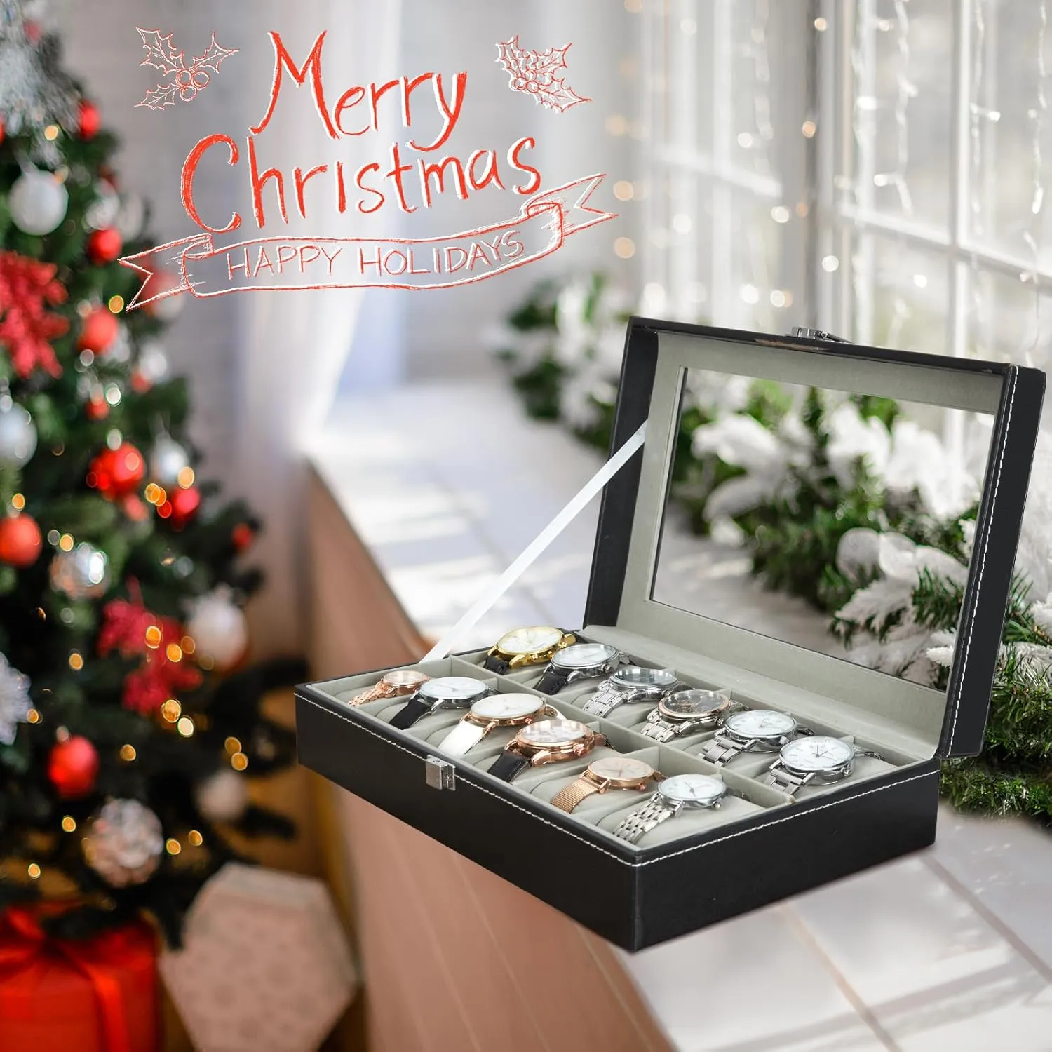 Leather Watch Holder Real Glass Lid Jewelry Organizer Storage Soft Velvet Watch Display Case for Men and Women Fathers Day Ohuhu Watch Case, Watch Box, Watch Holder for Men, 12 Slot primordial transfer kennel expel bleak PU 