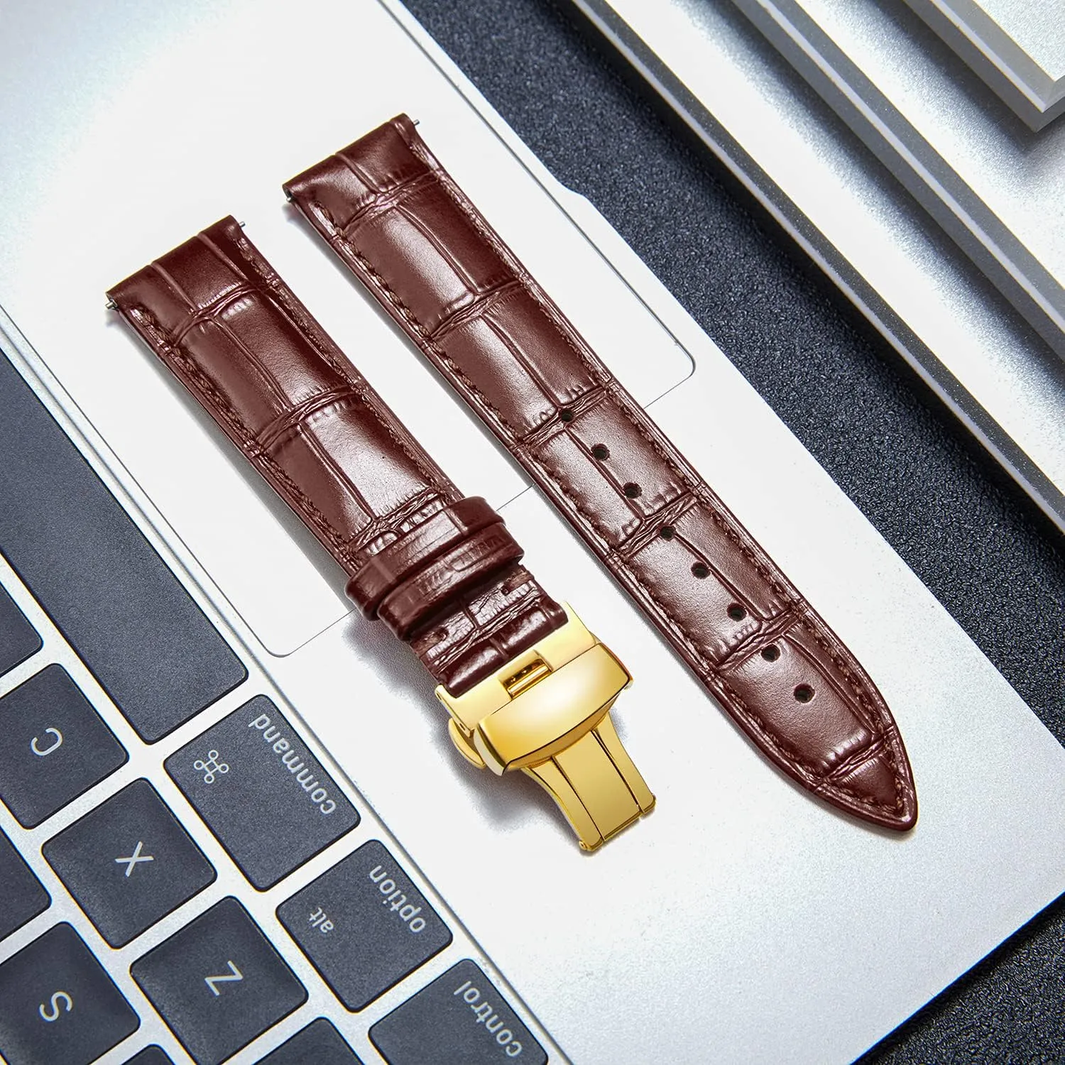 Leather Watch Strap Quick Release Strap with Gold Butterfly Deployment Buckle 12mm 13mm 14mm 15mm 16mm 17mm 18mm 19mm 20mm 21mm 22mm 23mm seminar gram track virgo 24mm Watch Band for Men Women(White,15mm) BINLUN 