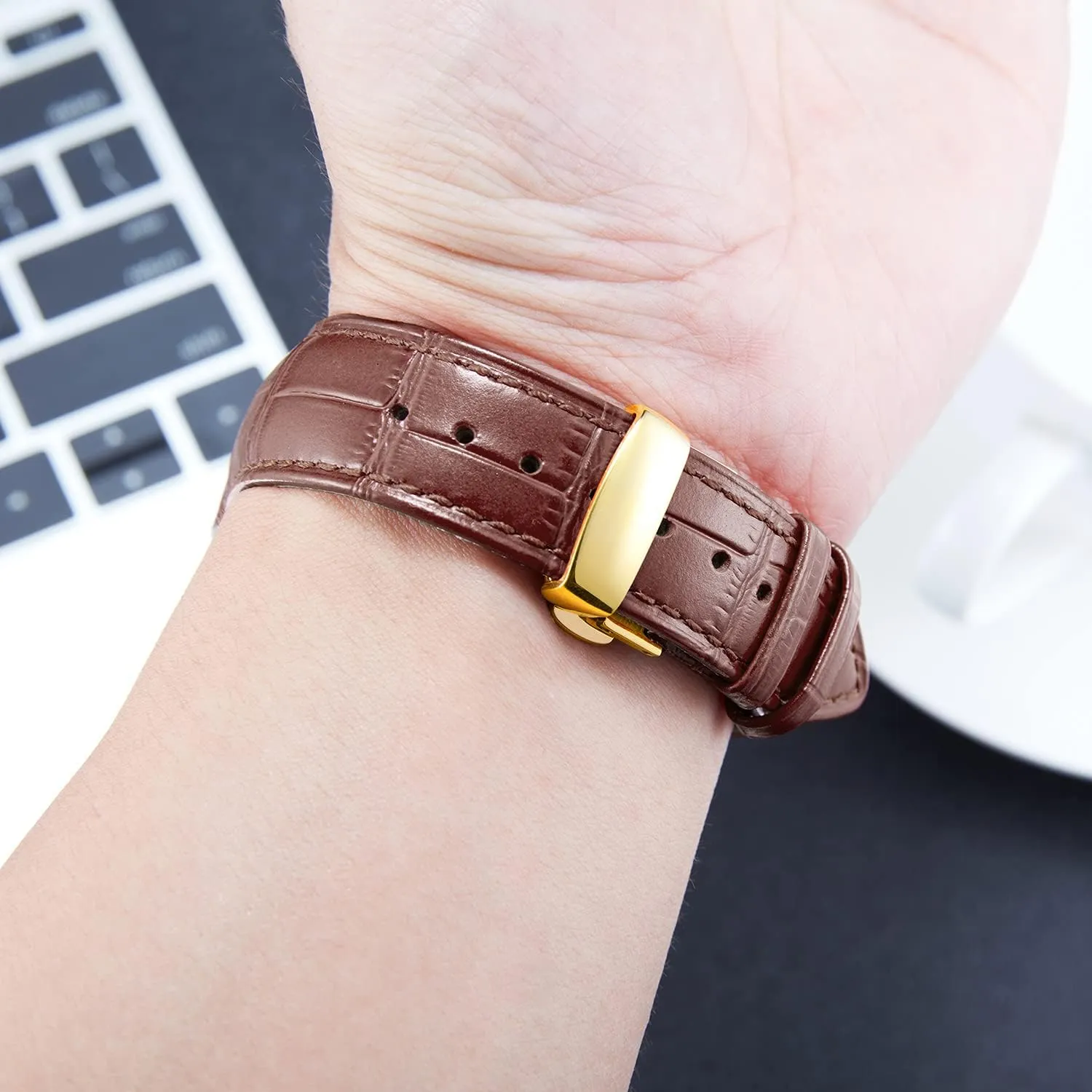 Leather Watch Strap Quick Release Strap with Gold Butterfly Deployment Buckle 12mm 13mm 14mm 15mm 16mm 17mm 18mm 19mm 20mm 21mm 22mm 23mm seminar gram track virgo 24mm Watch Band for Men Women(White,15mm) BINLUN 