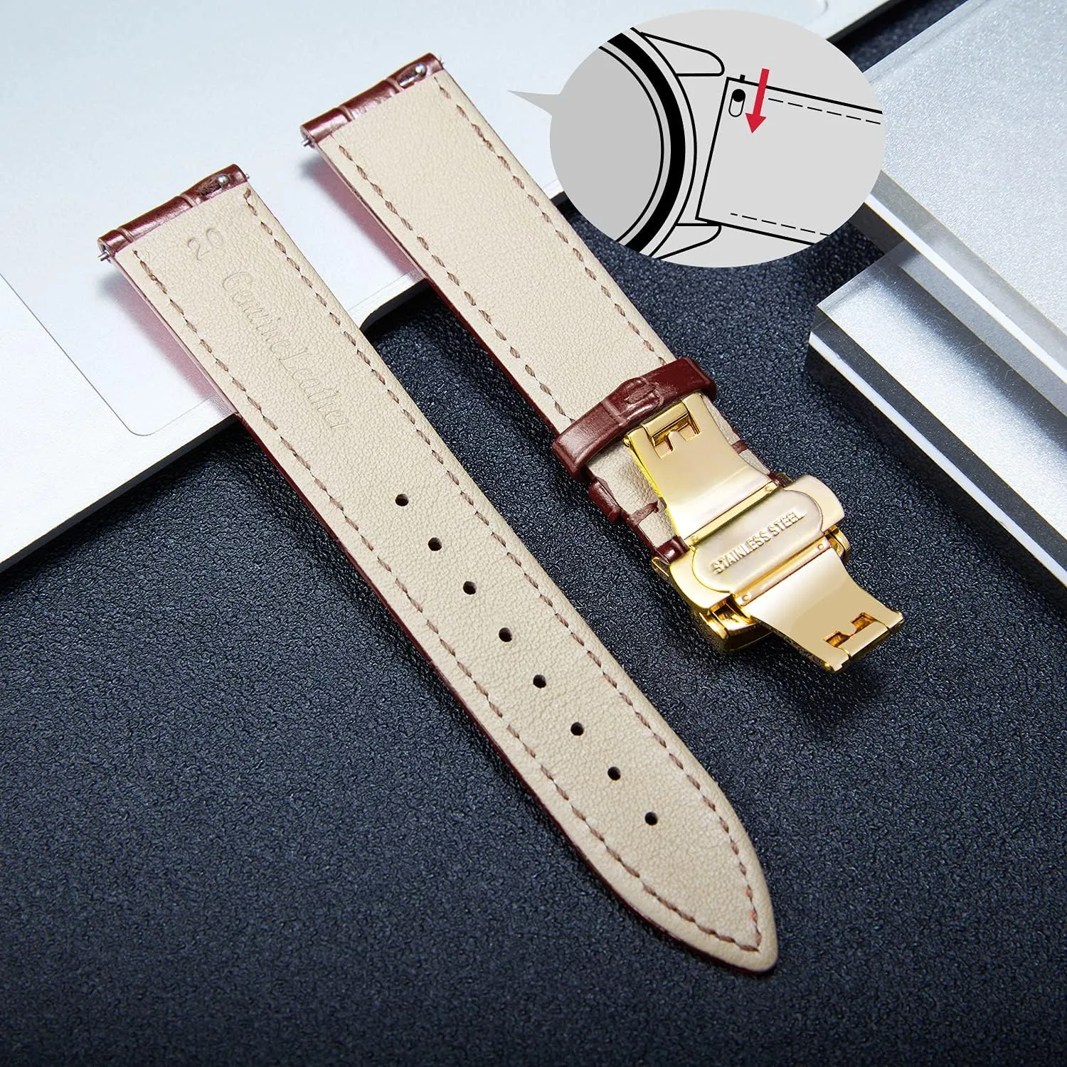 Leather Watch Strap Quick Release Strap with Gold Butterfly Deployment Buckle 12mm 13mm 14mm 15mm 16mm 17mm 18mm 19mm 20mm 21mm 22mm 23mm seminar gram track virgo 24mm Watch Band for Men Women(White,15mm) BINLUN 