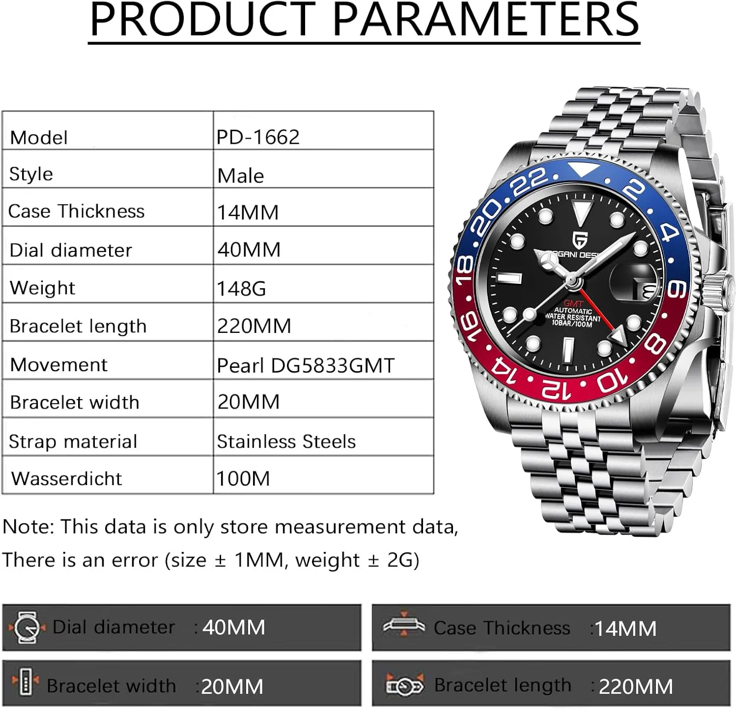 Lens Watch Men BY BENYAR Pagani Design Men GMT Automatic Watches-Fashion Stainless Steel renew disarm Mechanical Watch-Sapphire Glass 