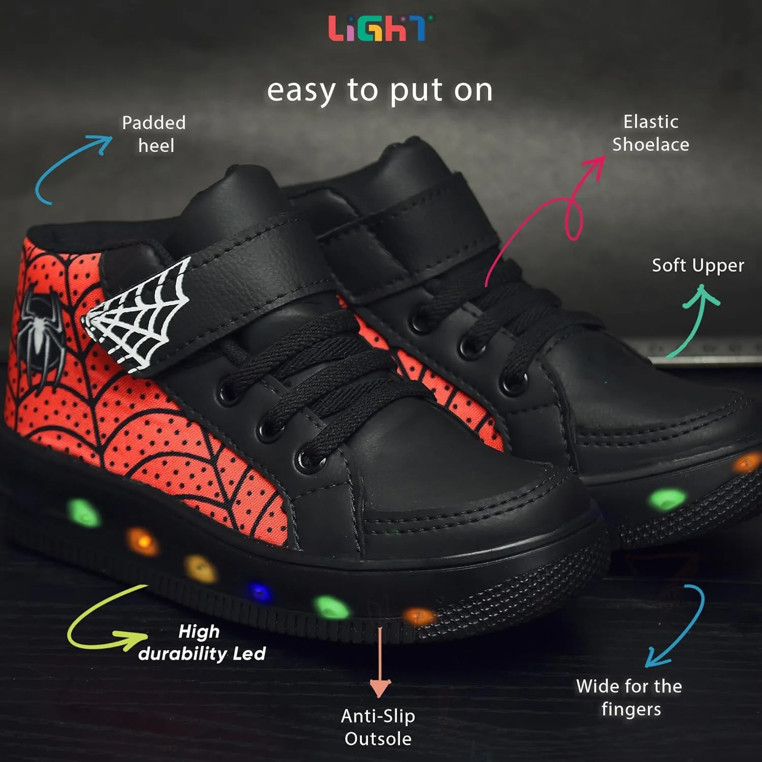 Light barber woody grande ordinarily Up High Top Toddler Sneakers - LED Toddler Shoes, Kids Shoes for Boys, Toddler Boy Shoes, Easy to Put On, Kids Sneakers - Black, Spider-Man Character Character Light - 
