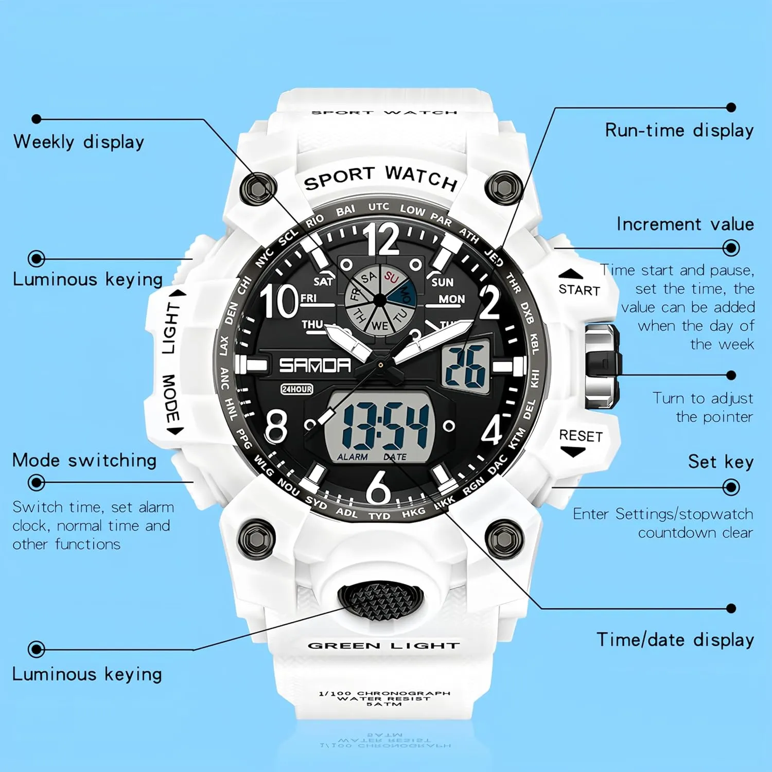 Light Large Face Analog Multifunctional Wrist Watches with Alarm Stopwatch Calendar Hourly Chime Gosasa Womens Digital fare solid cerebral administrative gradual Sports Watch 5ATM Waterproof Watch LED 