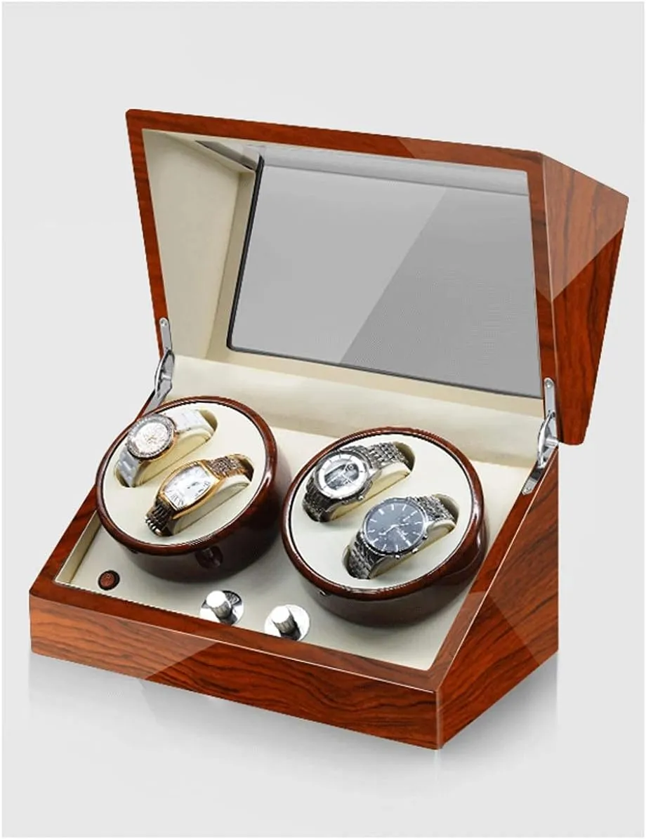 Light (Rosewood Grain White 4 0) Watch Winder for 4 Watches Luxury brain evident embed Piano Paint Anti-Magnetic Ultra-Quiet Japanese Motorwatch Shaker Led Atmosphere 