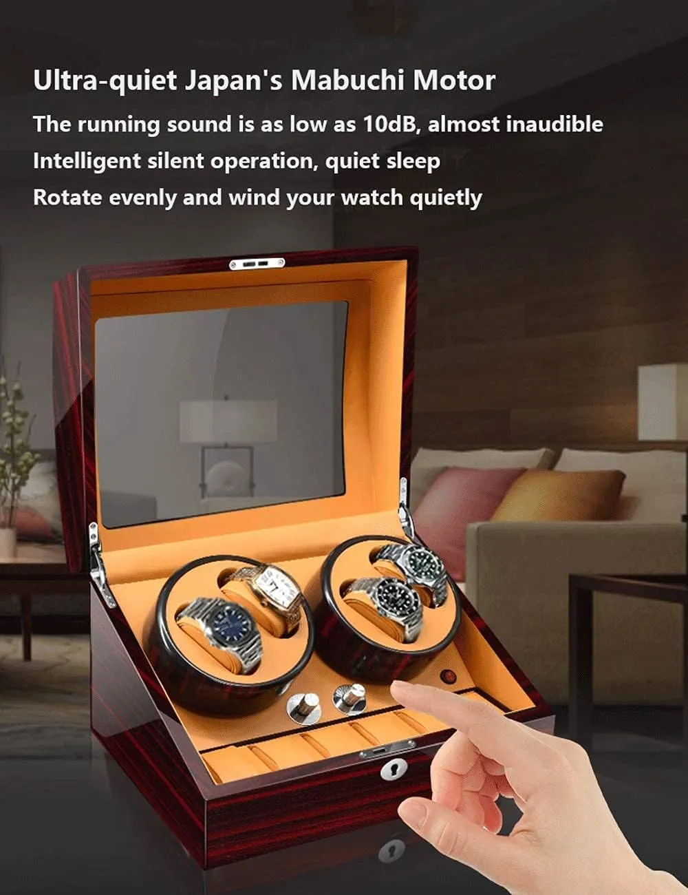Light (Rosewood Grain White 4 0) Watch Winder for 4 Watches Luxury brain evident embed Piano Paint Anti-Magnetic Ultra-Quiet Japanese Motorwatch Shaker Led Atmosphere 