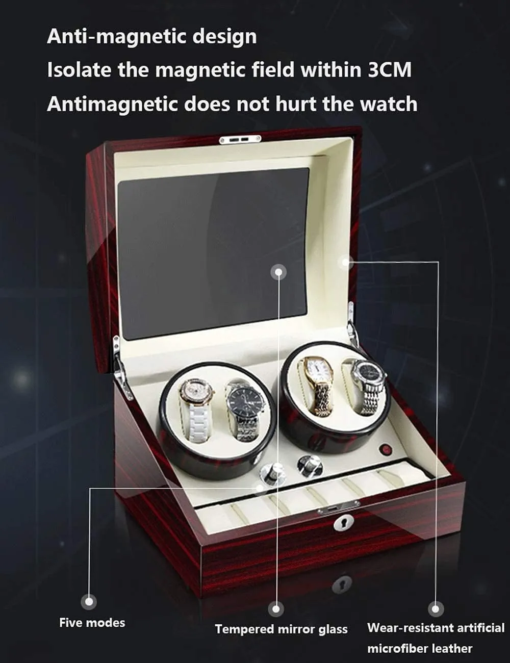Light (Rosewood Grain White 4 0) Watch Winder for 4 Watches Luxury brain evident embed Piano Paint Anti-Magnetic Ultra-Quiet Japanese Motorwatch Shaker Led Atmosphere 