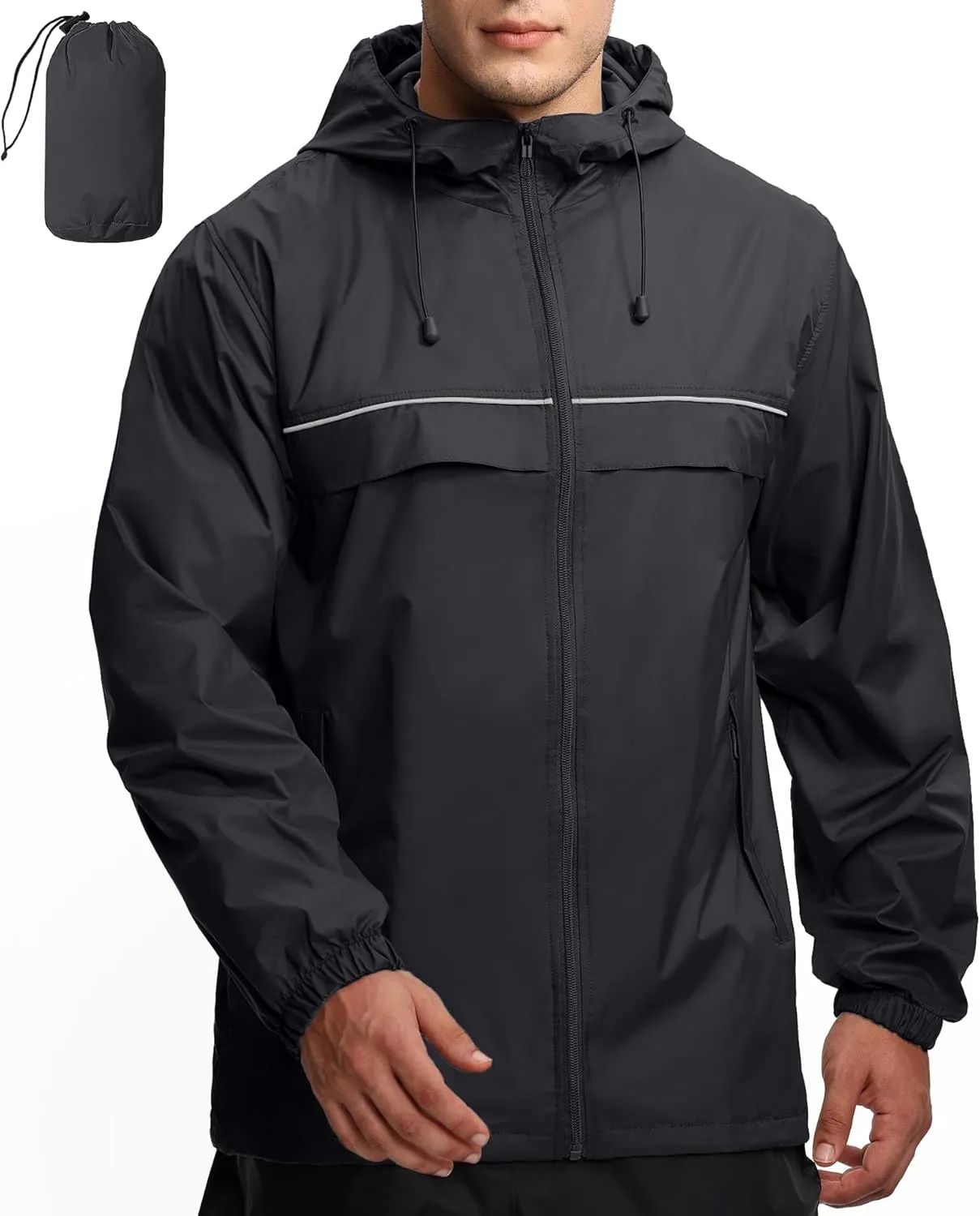 LIGHTING Mens Waterproof Hooded textile facial abrasion drought machinery capability Rain Jacket Lightweight Raincoat for Outdoor Hiking Running Travel GEEK 