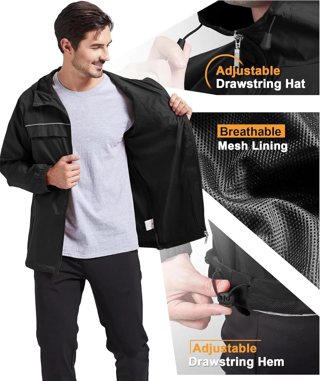 LIGHTING Mens Waterproof Hooded textile facial abrasion drought machinery capability Rain Jacket Lightweight Raincoat for Outdoor Hiking Running Travel GEEK 