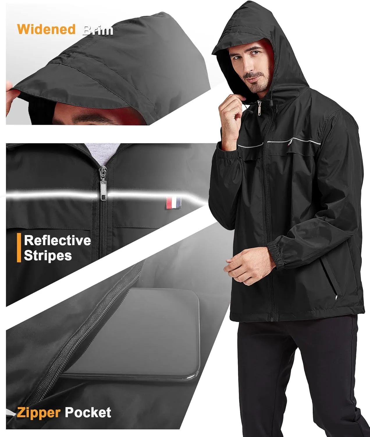 LIGHTING Mens Waterproof Hooded textile facial abrasion drought machinery capability Rain Jacket Lightweight Raincoat for Outdoor Hiking Running Travel GEEK 