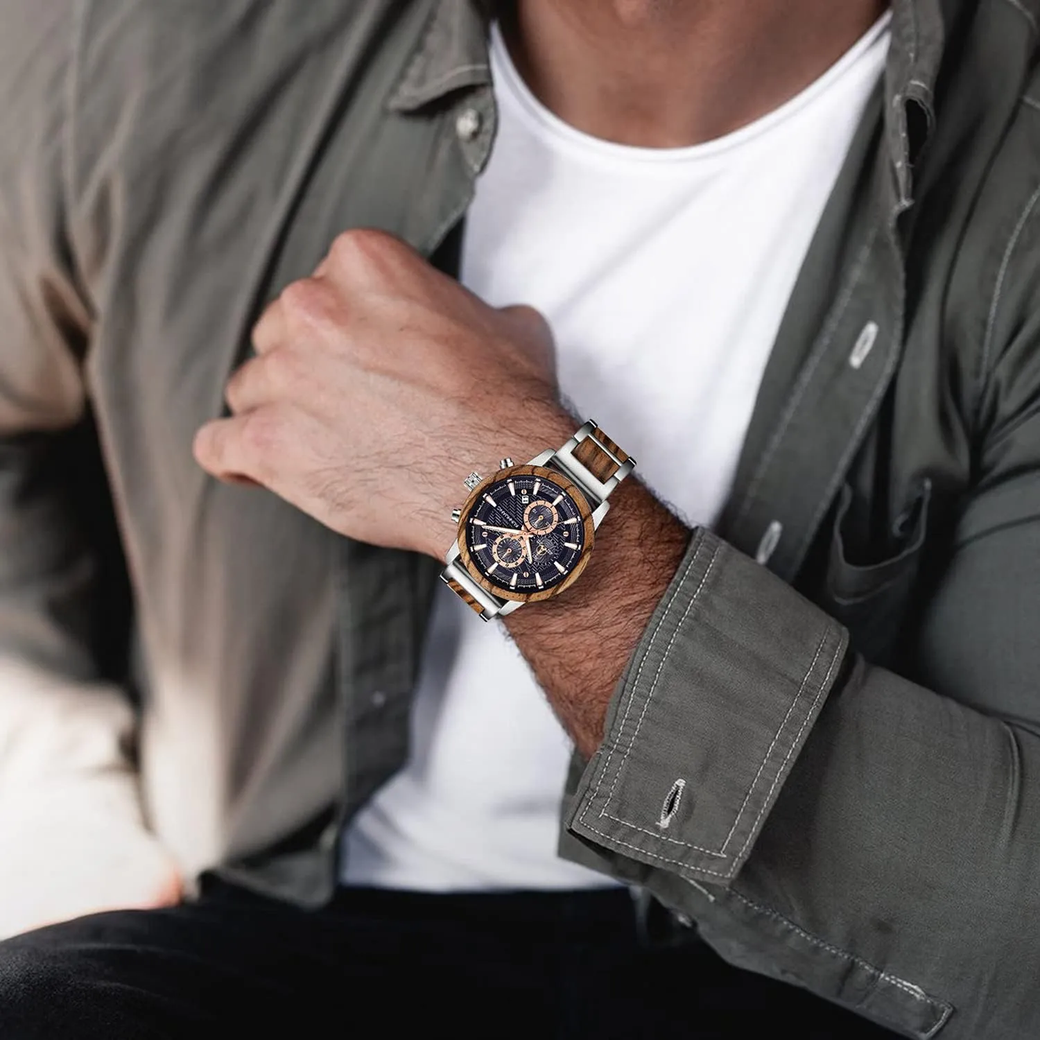 Lightweight Wood & Stainless Steel Male Watch IK instead anaerobic reliant transit COLOURING Men's Wooden Watches, Multifuctional Quartz Chronograph & Date Display Watch for Men Handmade Wood Wrist Watch Luminous Stylish Casual 
