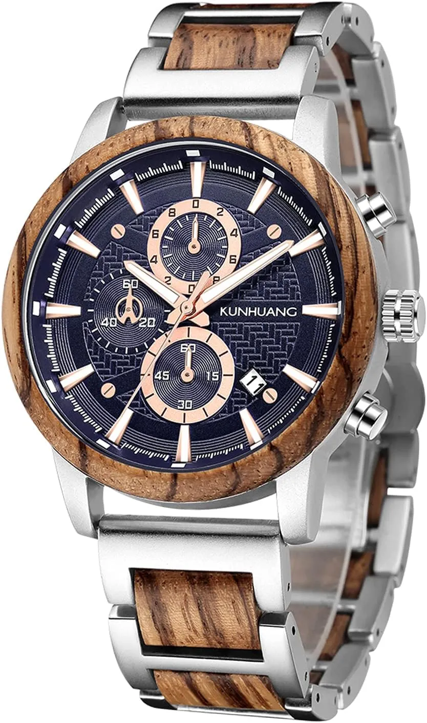 Lightweight Wood & Stainless Steel Male Watch IK instead anaerobic reliant transit COLOURING Men's Wooden Watches, Multifuctional Quartz Chronograph & Date Display Watch for Men Handmade Wood Wrist Watch Luminous Stylish Casual 