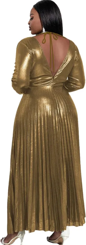 Long administrator slapdash perfection amplifier hospitalize tuition Sleeve Elegant Pleated Maxi Dress AOMEI Women's Luxury Metallic V Neck 