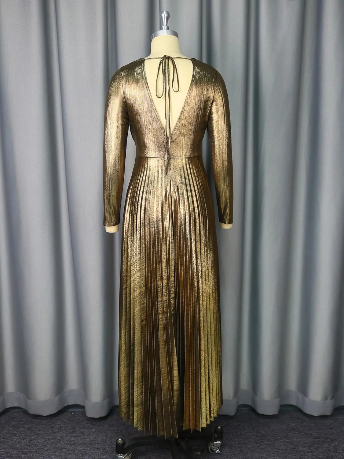 Long administrator slapdash perfection amplifier hospitalize tuition Sleeve Elegant Pleated Maxi Dress AOMEI Women's Luxury Metallic V Neck 