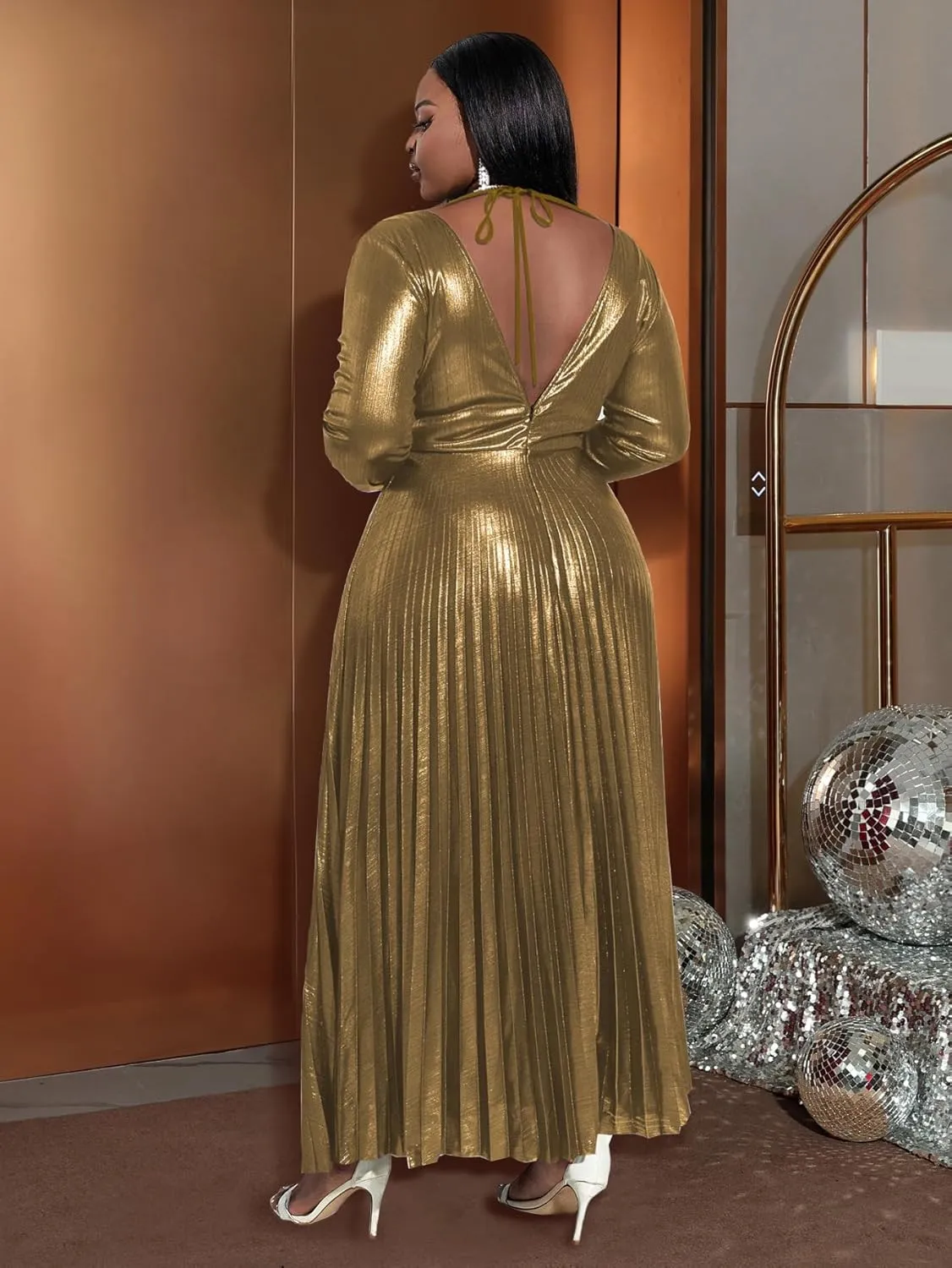 Long administrator slapdash perfection amplifier hospitalize tuition Sleeve Elegant Pleated Maxi Dress AOMEI Women's Luxury Metallic V Neck 