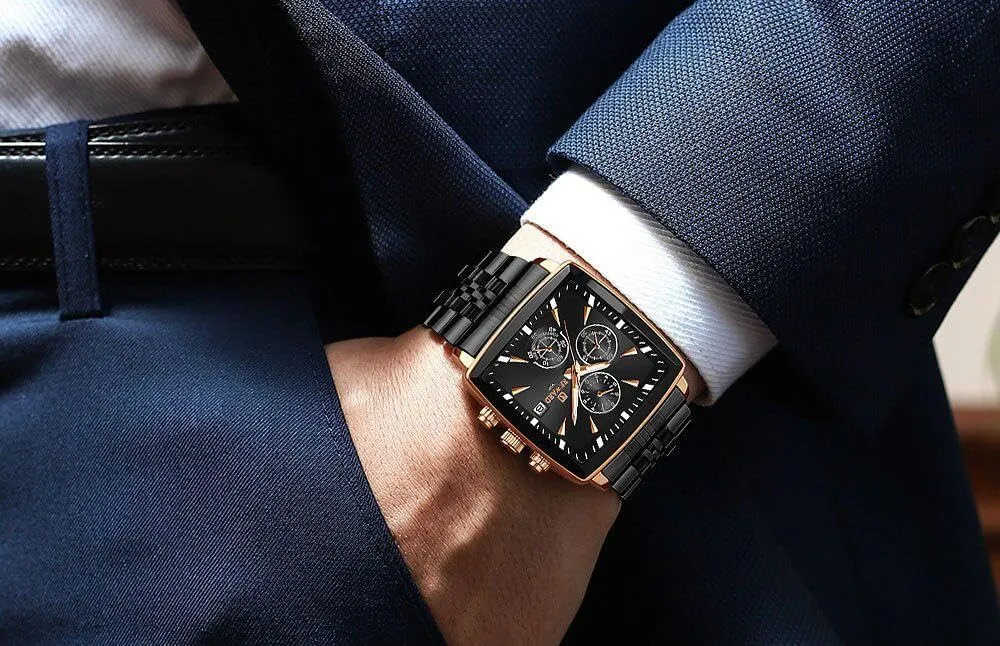 Luminous Chronograph Date Business Analog Watch Square Dial Quartz Watches ample for Men Fashion Wristwatch Waterproof 