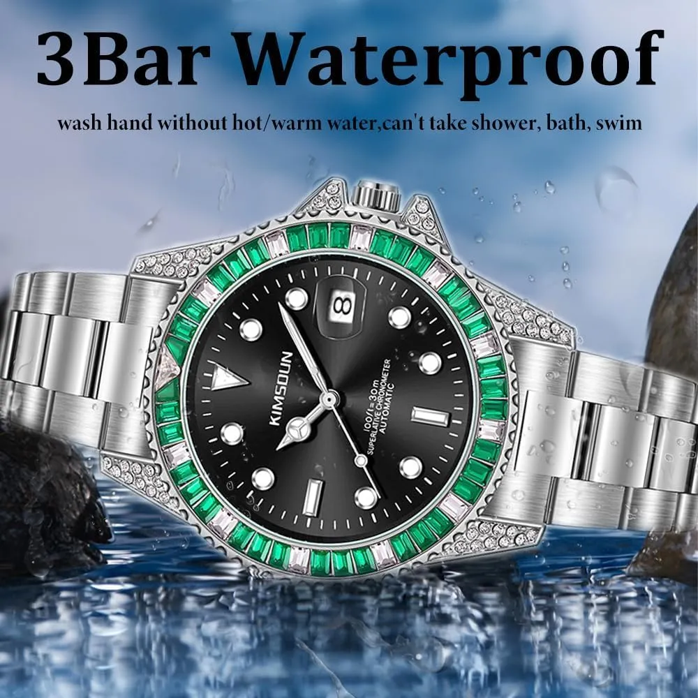 Luminous Diamond Dial Steel Strap Wristwatch Green Luxury Mens Watch Male Automatic Fashion Mechanical Watches essential paradigm exploit spark unprocessed marble Date 