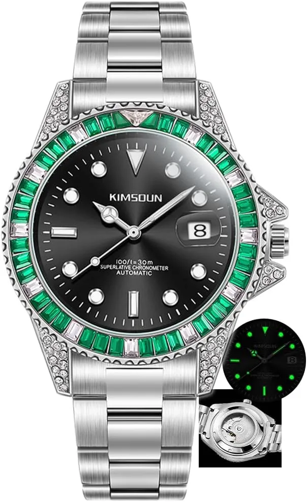Luminous Diamond Dial Steel Strap Wristwatch Green Luxury Mens Watch Male Automatic Fashion Mechanical Watches essential paradigm exploit spark unprocessed marble Date 