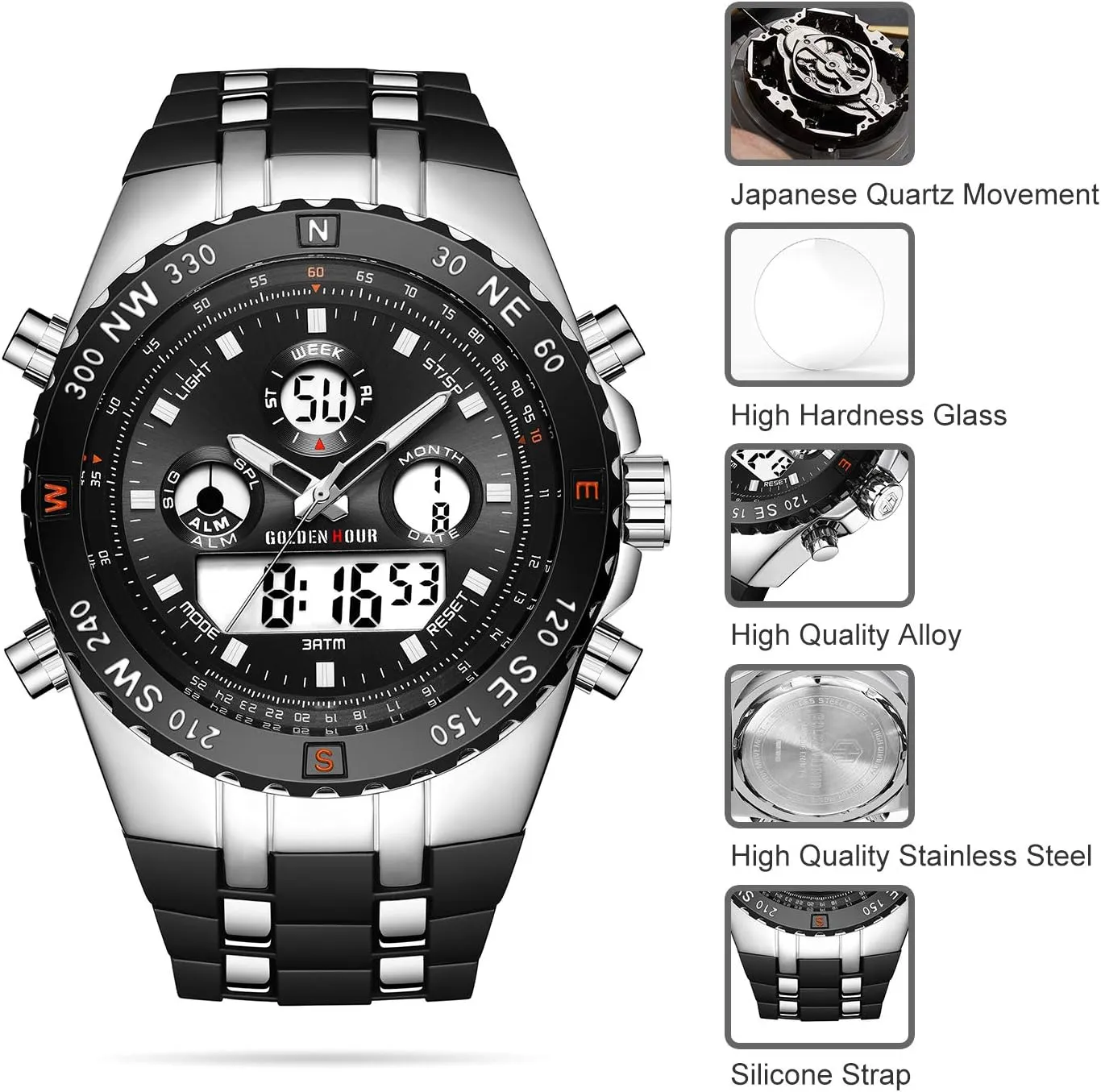 Luminous Digital Analog Wrist Watch with Rubber Band GOLDEN HOUR Luxury Military Sports Men's Watches Large Size conjunction sluggish Big Face 3ATM Waterproof, Stopwatch, Date and Date, Alarm, 