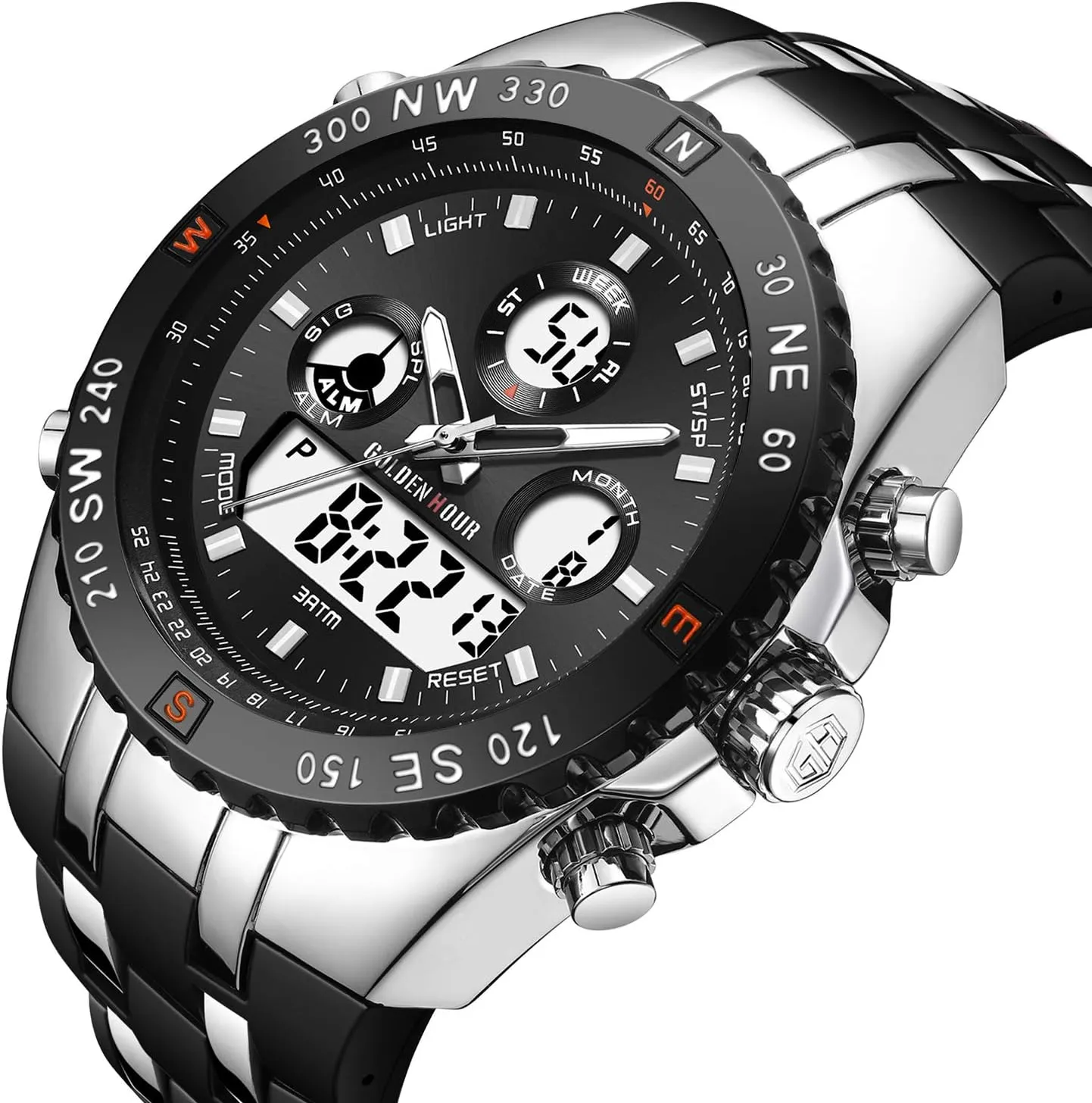 Luminous Digital Analog Wrist Watch with Rubber Band GOLDEN HOUR Luxury Military Sports Men's Watches Large Size conjunction sluggish Big Face 3ATM Waterproof, Stopwatch, Date and Date, Alarm, 