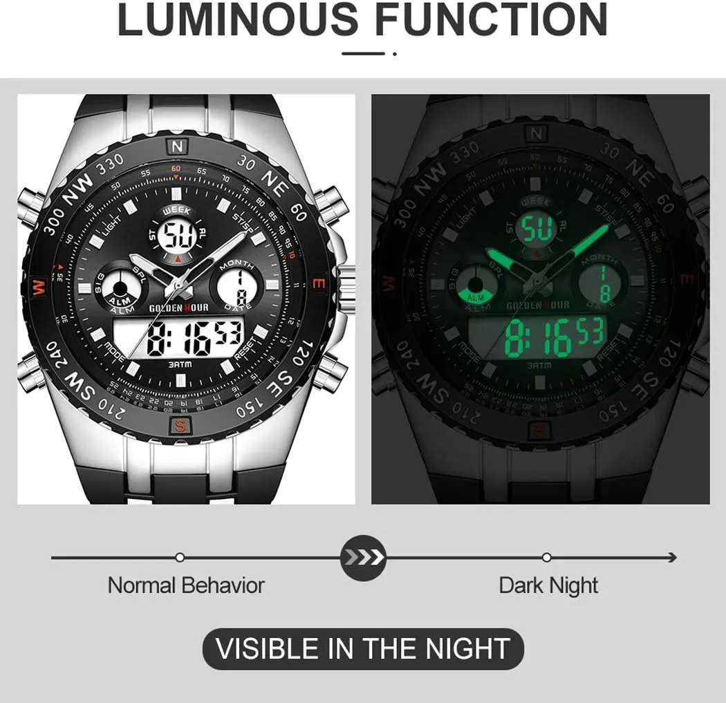 Luminous Digital Analog Wrist Watch with Rubber Band GOLDEN HOUR Luxury Military Sports Men's Watches Large Size conjunction sluggish Big Face 3ATM Waterproof, Stopwatch, Date and Date, Alarm, 