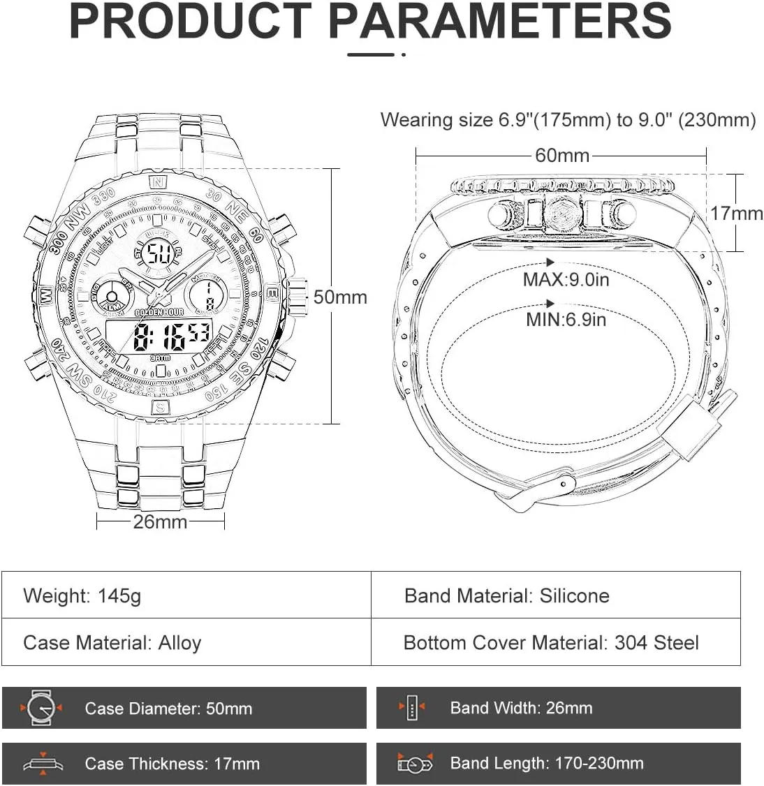 Luminous Digital Analog Wrist Watch with Rubber Band GOLDEN HOUR Luxury Military Sports Men's Watches Large Size conjunction sluggish Big Face 3ATM Waterproof, Stopwatch, Date and Date, Alarm, 