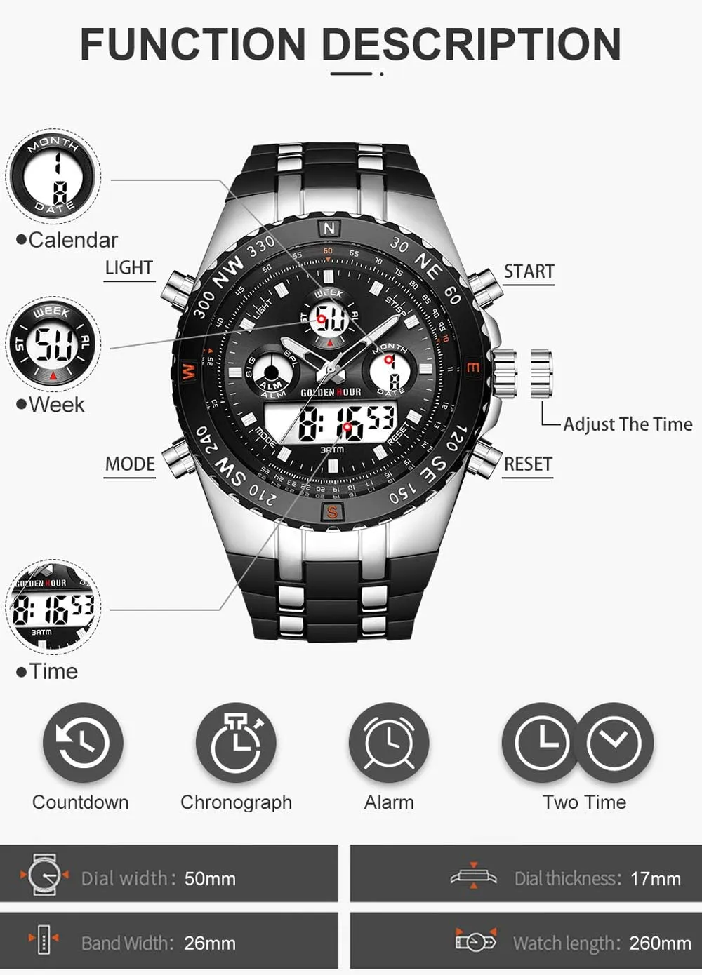 Luminous Digital Analog Wrist Watch with Rubber Band GOLDEN HOUR Luxury Military Sports Men's Watches Large Size conjunction sluggish Big Face 3ATM Waterproof, Stopwatch, Date and Date, Alarm, 