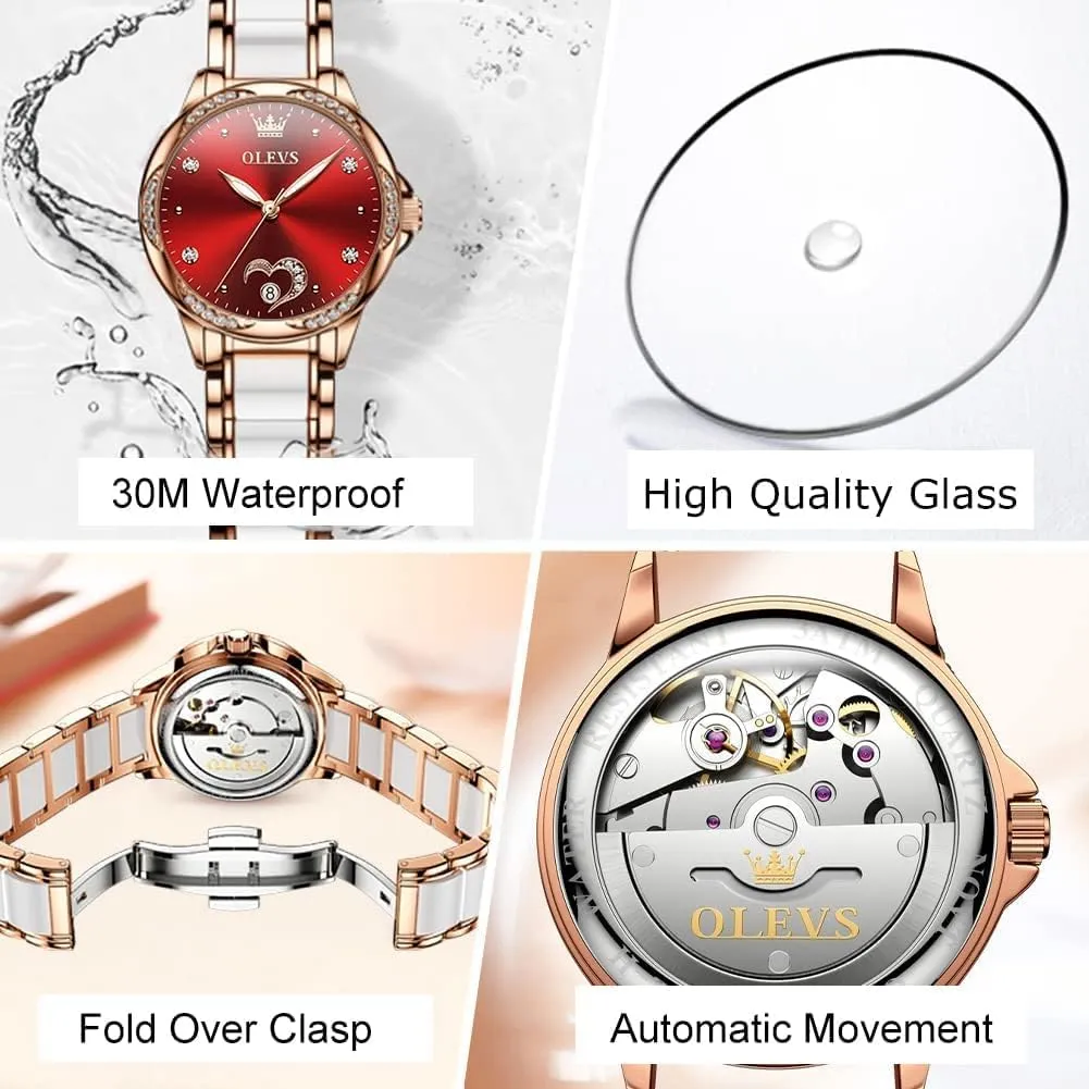 Luminous Watches for Women Small Wrist - Heart or Butterfly��Blue/Red/White�� OLEVS Womens feminist Watches Automatic Self Winding Elegant Ceramic Rose Gold Dress Waterproof 