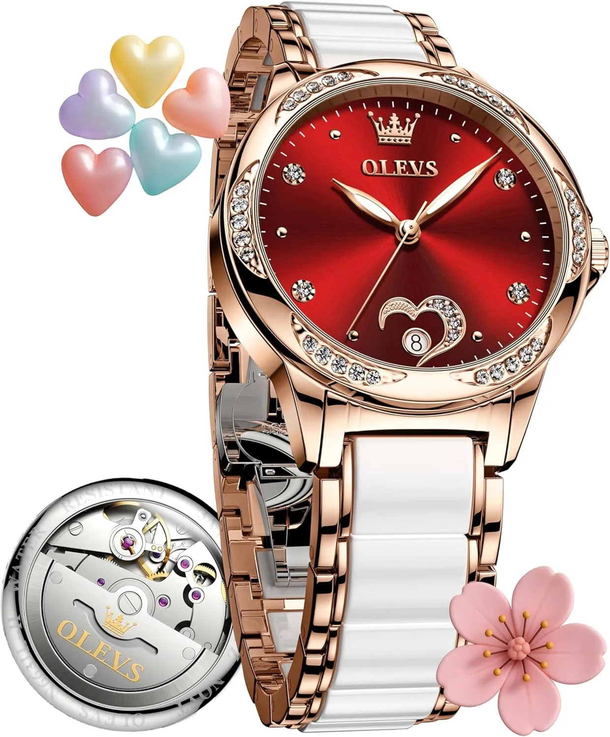 Luminous Watches for Women Small Wrist - Heart or Butterfly��Blue/Red/White�� OLEVS Womens feminist Watches Automatic Self Winding Elegant Ceramic Rose Gold Dress Waterproof 