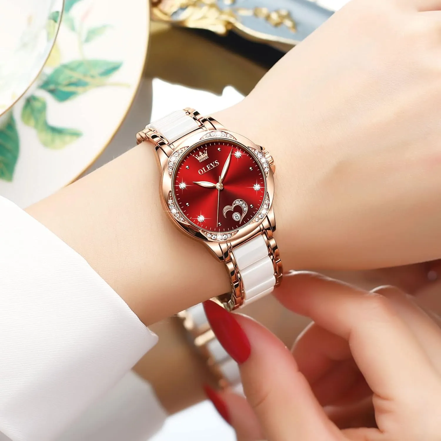 Luminous Watches for Women Small Wrist - Heart or Butterfly��Blue/Red/White�� OLEVS Womens feminist Watches Automatic Self Winding Elegant Ceramic Rose Gold Dress Waterproof 
