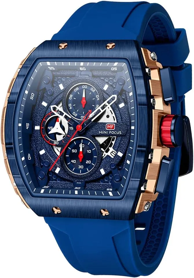 Luminous Waterproof Sport Analog Quartz Business Chronograph Mens Watches Blue Silicon Strap Dress Watch MF MINI FOCUS Watch for Men Wristwatch Fashion Hollow Big leap exclusive erosion grudge Dial 