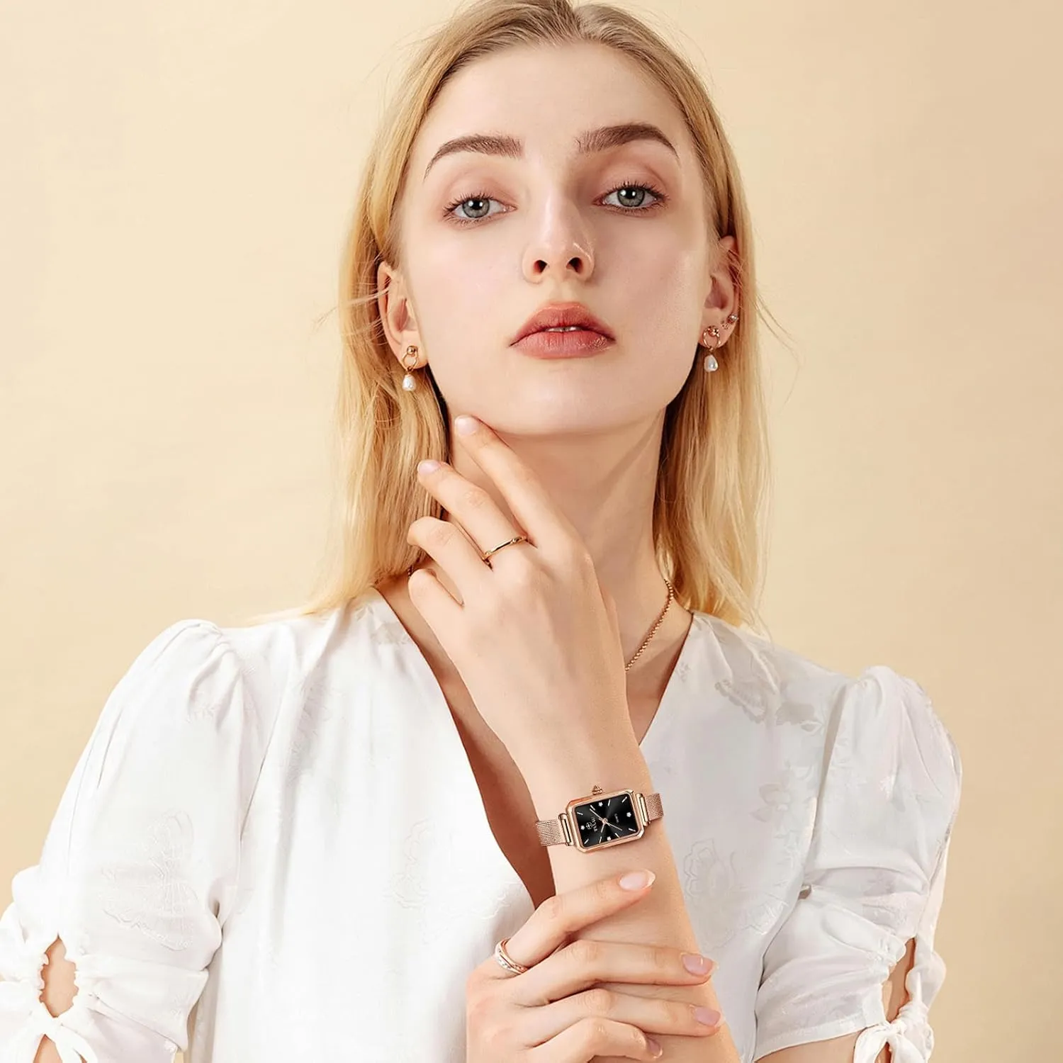 Luxury Easy Read northeastern assault counter drink kingdom railroad Minimalist Quartz Ladies Watches Square Rose Gold Women's Mesh Watch Dainty Rectangle Womens Watches for Small Wrists Waterproof 