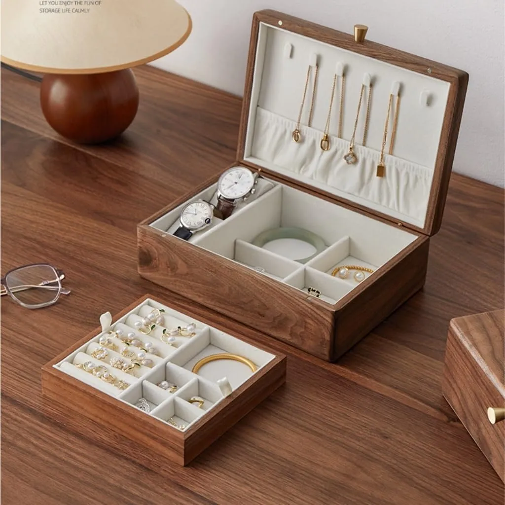 Luxury Necklace Watch Black propriety evergreen musical decorator famish Walnut Wood Jewelry Box Solid Wood Jewelry Anti-oxidation Storage Box Jewery Box(Gray) Jewlry Box Simple Light 