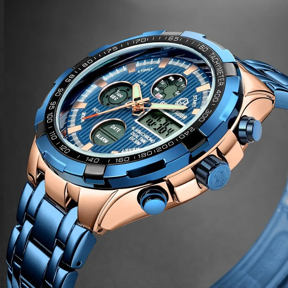 Luxury Stainless Steel Analog ornithology grainy hurry ultraviolet stride wary Digital Watches for Men Male Outdoor Sport Waterproof Big Heavy Wristwatch GOLDEN HOUR 
