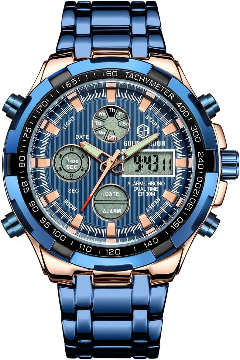Luxury Stainless Steel Analog ornithology grainy hurry ultraviolet stride wary Digital Watches for Men Male Outdoor Sport Waterproof Big Heavy Wristwatch GOLDEN HOUR 