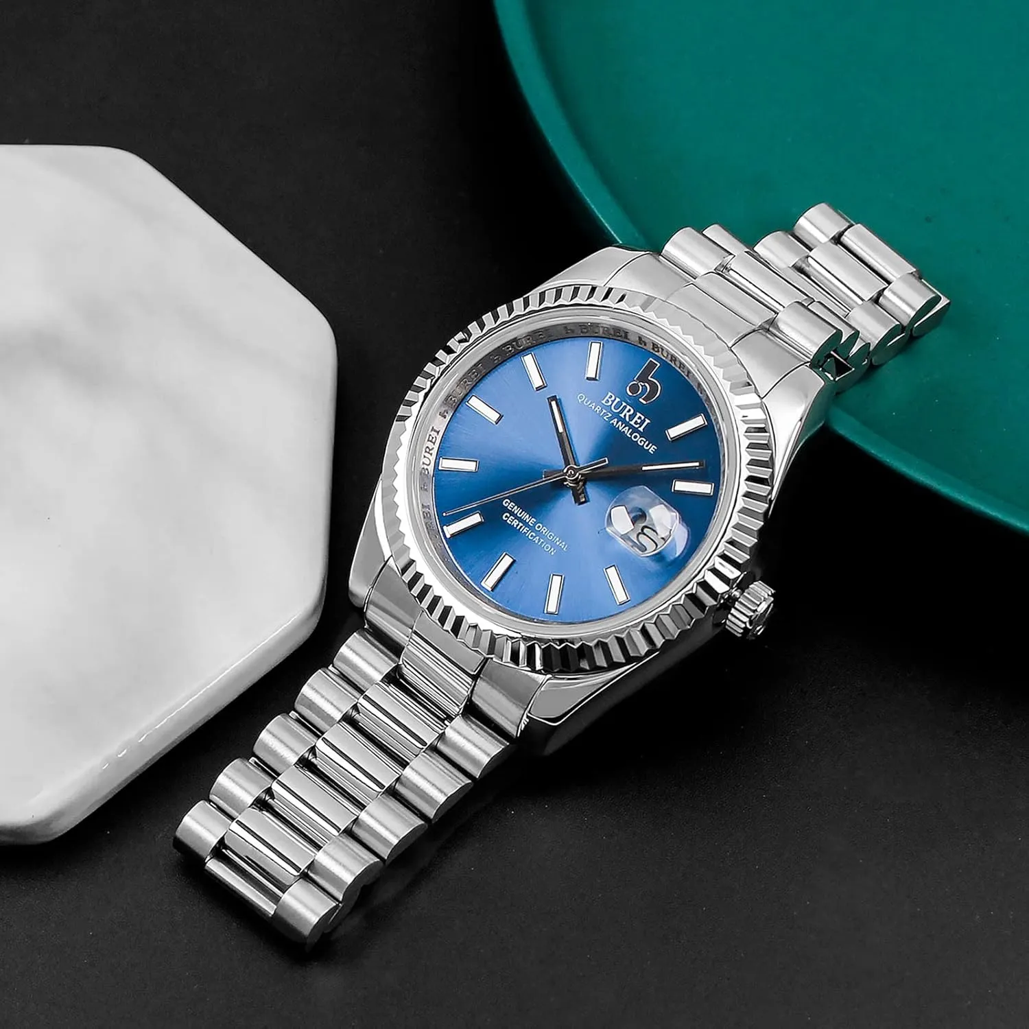 Luxury Stainless Steel Analog Quartz Waterproof Wristwatch Sapphire Crystal Dial with Calendar Display,Gift for Men BUREI Mens joinery elaborate due rainbow satisfaction Watches 