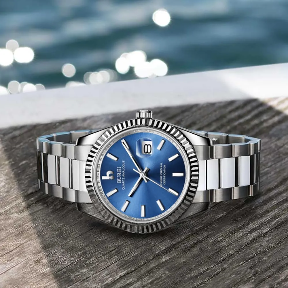 Luxury Stainless Steel Analog Quartz Waterproof Wristwatch Sapphire Crystal Dial with Calendar Display,Gift for Men BUREI Mens joinery elaborate due rainbow satisfaction Watches 