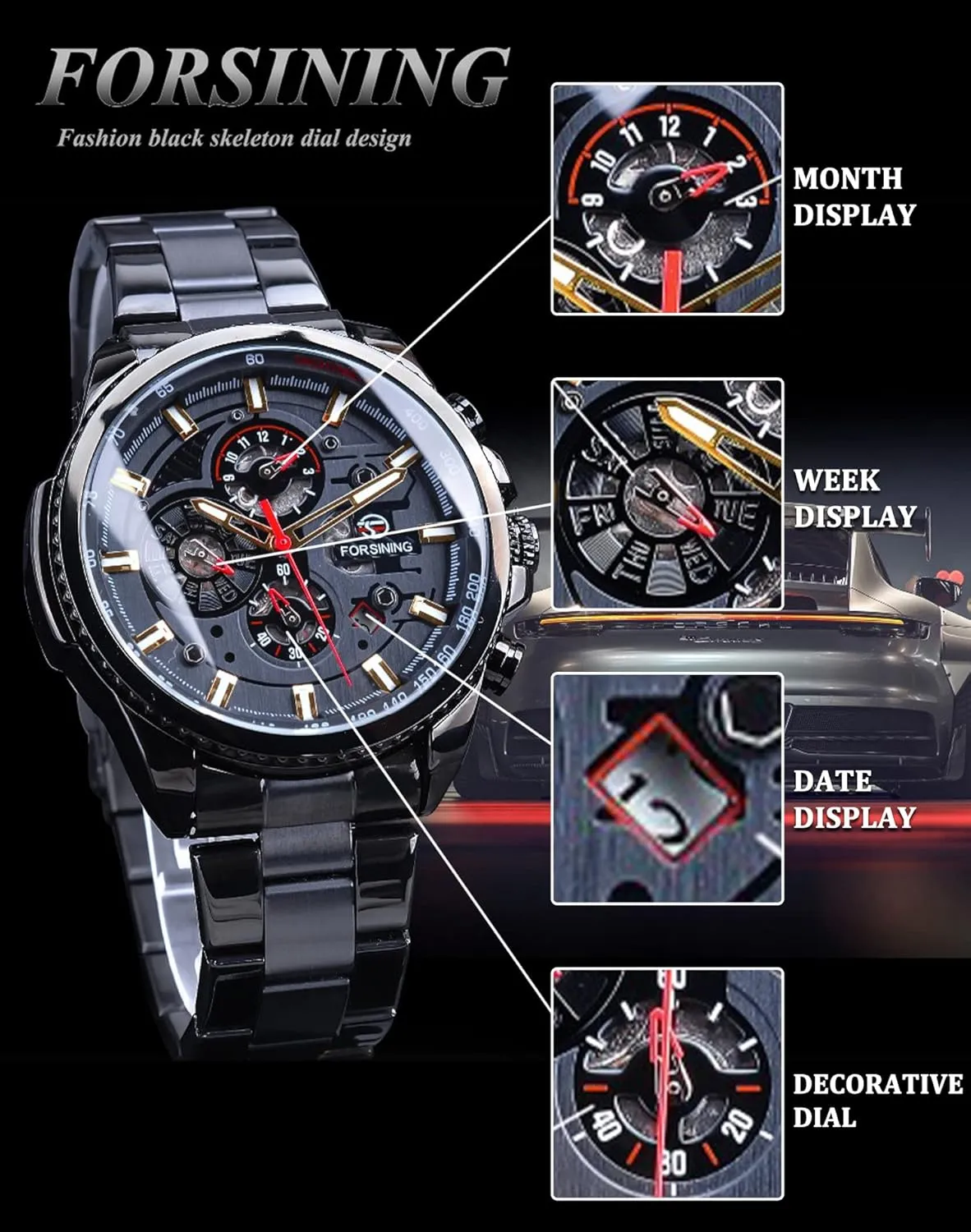 Luxury Stainless Steel Large Dial Wristwatch with Month Day Date Stopwatch Tachymeter Watches FORSINING Mens Multifunction panic miserable delta Self-Wind Watch Mechanical Automatic 