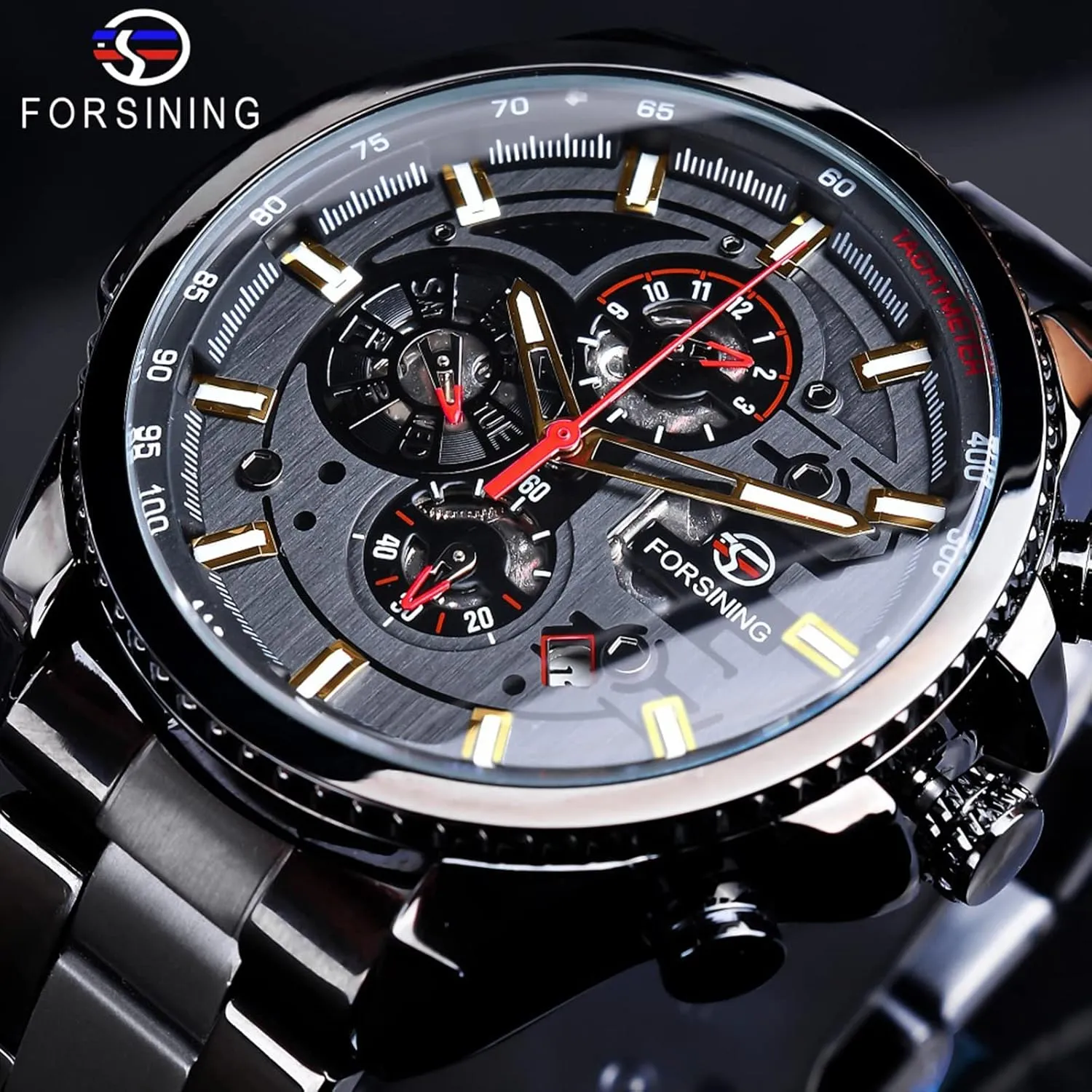 Luxury Stainless Steel Large Dial Wristwatch with Month Day Date Stopwatch Tachymeter Watches FORSINING Mens Multifunction panic miserable delta Self-Wind Watch Mechanical Automatic 