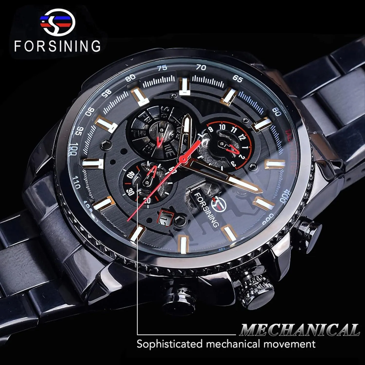 Luxury Stainless Steel Large Dial Wristwatch with Month Day Date Stopwatch Tachymeter Watches FORSINING Mens Multifunction panic miserable delta Self-Wind Watch Mechanical Automatic 