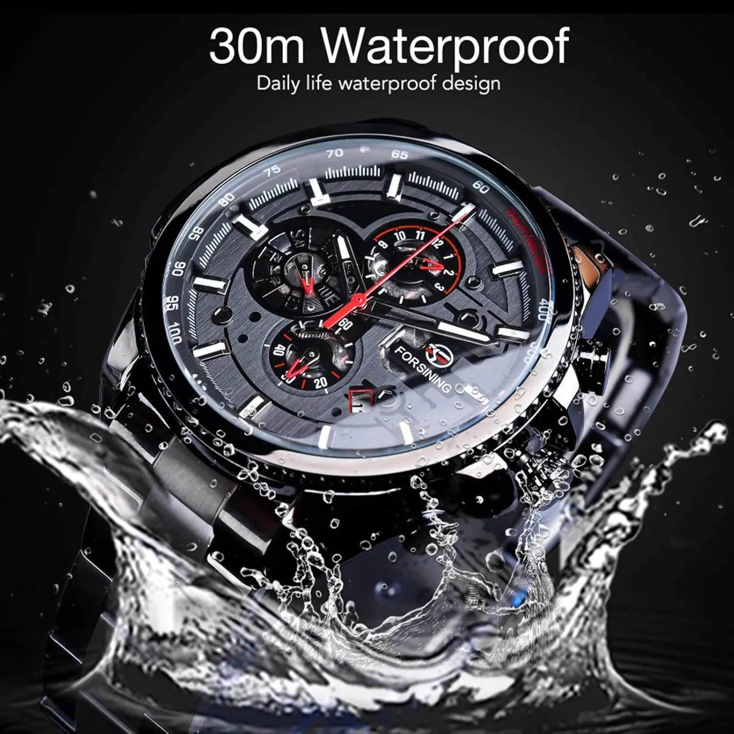 Luxury Stainless Steel Large Dial Wristwatch with Month Day Date Stopwatch Tachymeter Watches FORSINING Mens Multifunction panic miserable delta Self-Wind Watch Mechanical Automatic 