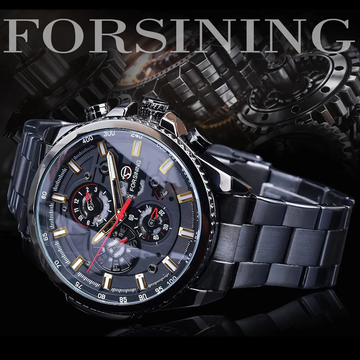 Luxury Stainless Steel Large Dial Wristwatch with Month Day Date Stopwatch Tachymeter Watches FORSINING Mens Multifunction panic miserable delta Self-Wind Watch Mechanical Automatic 